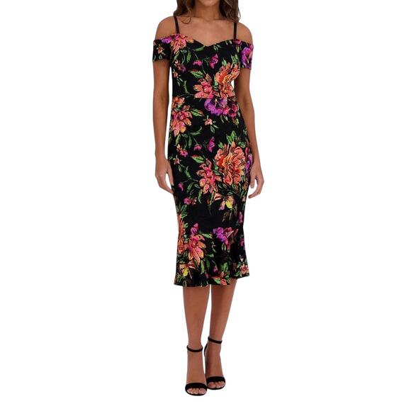 SIENA Lace Floral Print Off-The-Shoulder Neck Short Sleeve Sheath Midi Dress 10 - Picture 1 of 8
